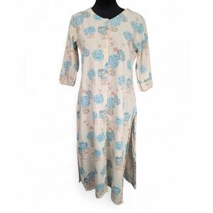 Cotton Flax Floral Blockprint Traditional Indian Kurti Tunic Dress M Ivory Blue